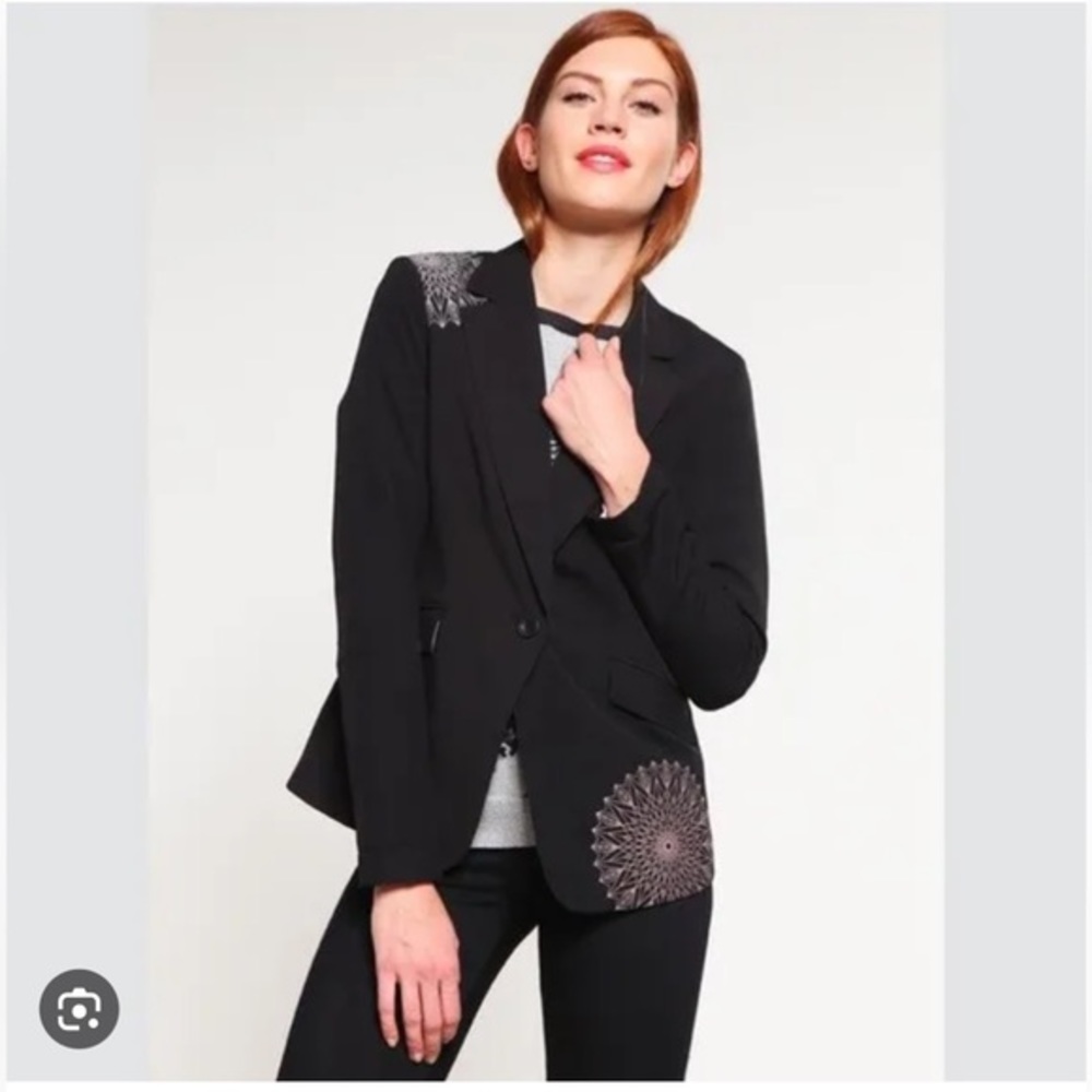 Desigual Black Blazer with Embroidered Mandala Details